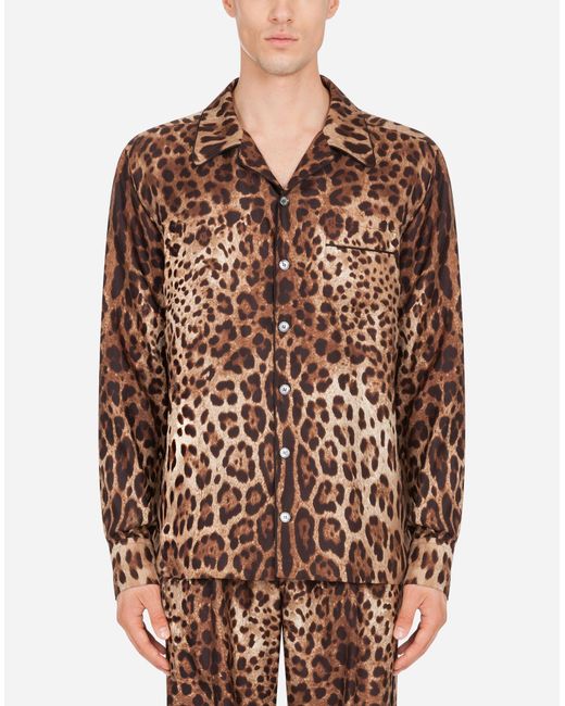 Dolce & Gabbana Pyjamahemd aus satin leoprint in Brown für Herren