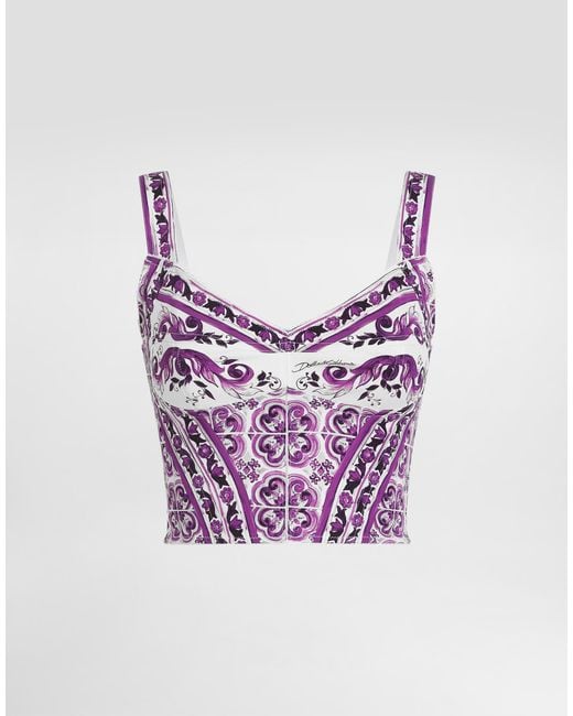 Dolce & Gabbana Purple Majolica-Print Charmeuse Bustier Top