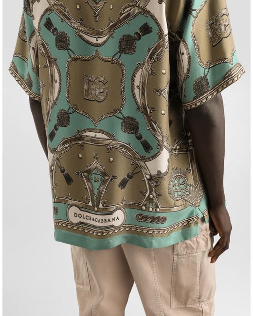 Dolce & Gabbana Green Cargo-Print Hawaii Washed Silk Twill Shirt for men