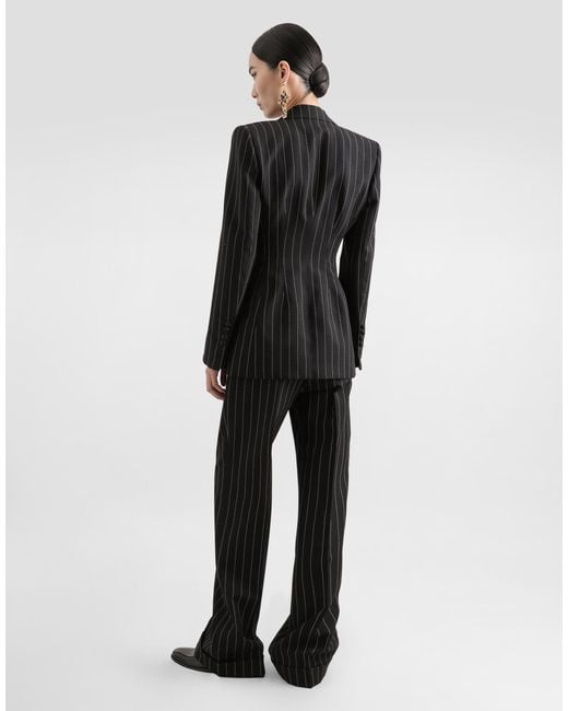 Dolce & Gabbana Black Straight-Leg Pinstripe Wool Pants With Turn-Ups