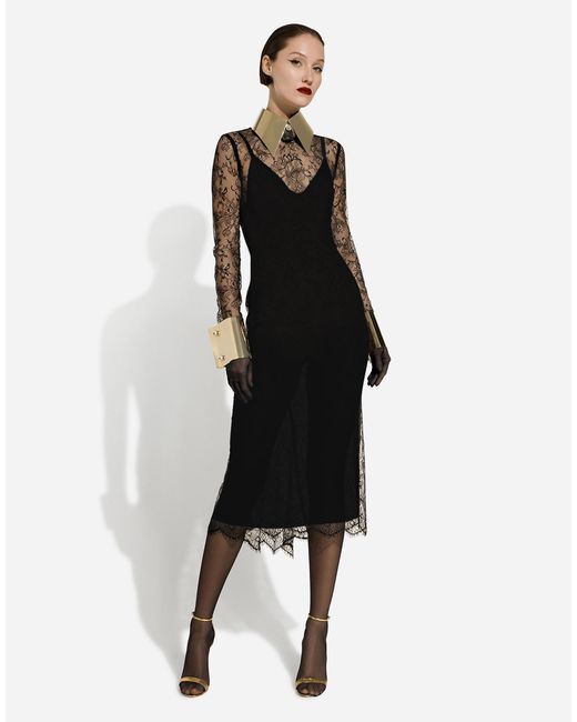 Dolce & Gabbana Black Chantilly Lace Fil Coupé Calf-Length Dress