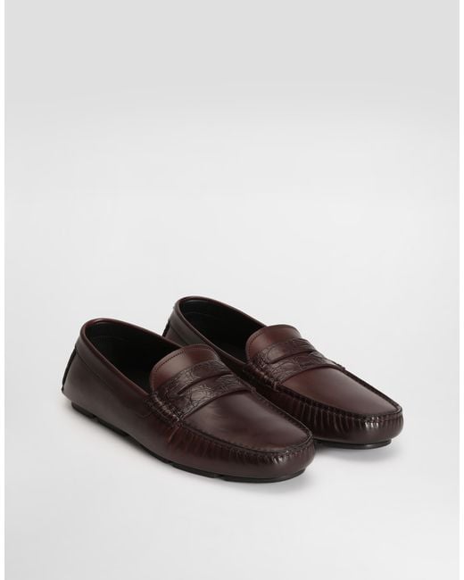 Dolce & Gabbana Brown Dg Driver Calfskin Slipper With Crocodile Inserts for men