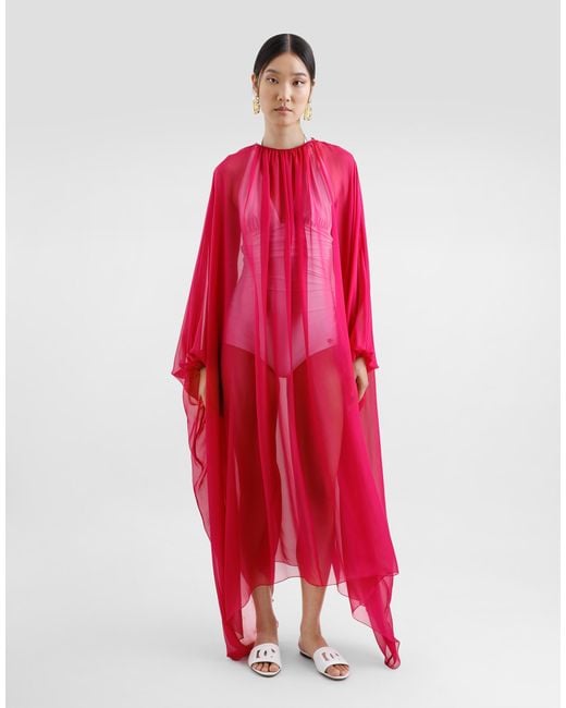 Dolce & Gabbana Red Long Silk Chiffon Caftan With Drawstring
