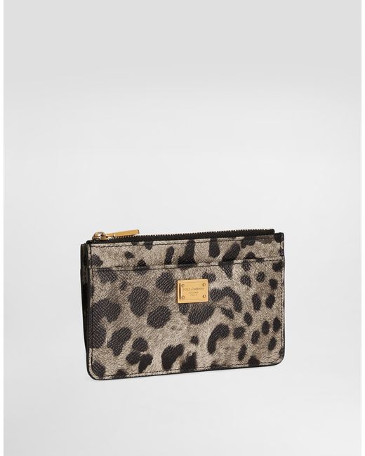 Dolce & Gabbana Gray Kartenetui Aus Dauphine-Kalbsleder Mit Leoparden-Print