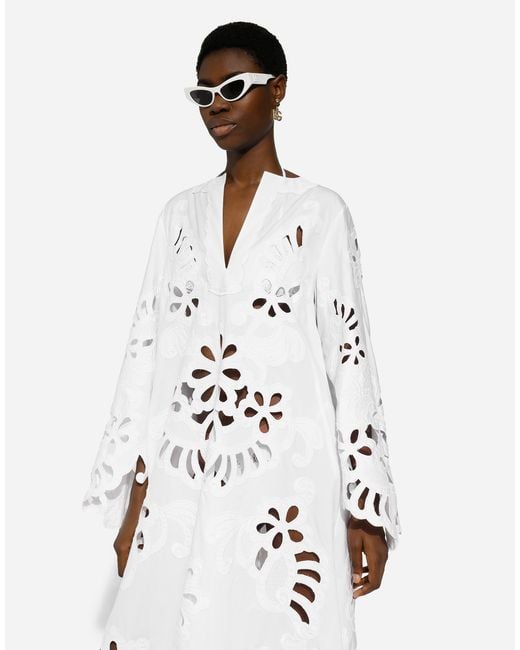 Dolce & Gabbana White Long Cotton Caftan With Cut-Out Detailing
