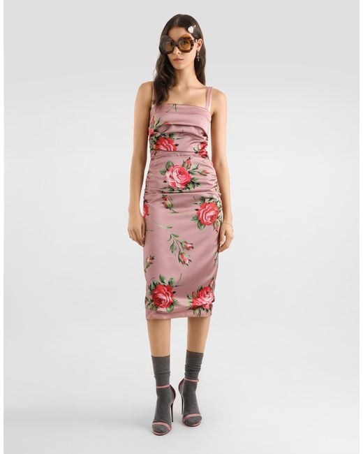 Dolce & Gabbana White Rose Bouquet-Print Satin Dress