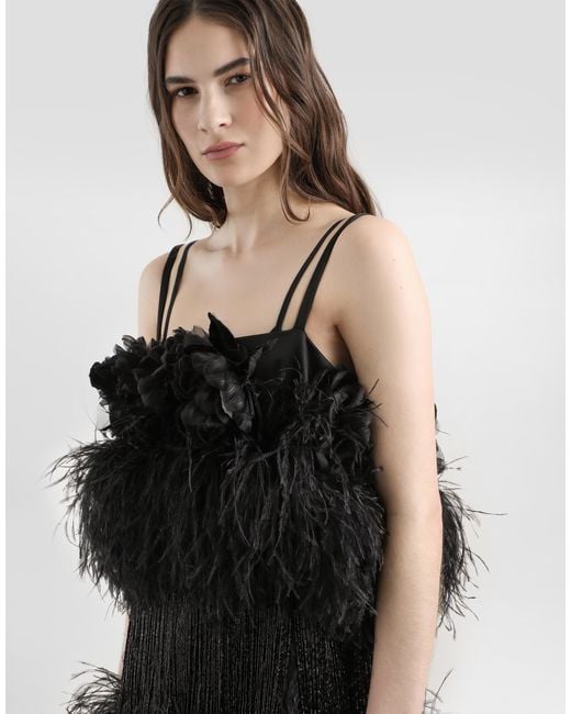Dolce & Gabbana Black Satin Dress With Feathers