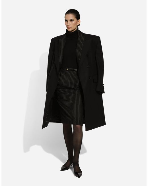 Dolce & Gabbana Black Pinstripe Wool Calf-Length Skirt