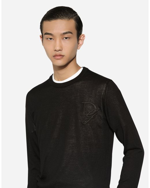 Dolce & Gabbana Black Cashmere Round-Neck Sweater With Dg Embroidery for men