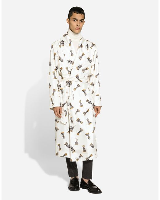 メンズ Dolce & Gabbana Silk Twill Robe With Chess-Piece White