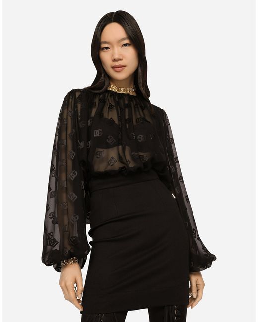 Dolce & Gabbana Devoré Satin Blouse With All-Over Dg Logo Black