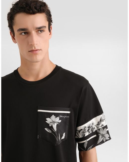 Dolce & Gabbana Black Cotton And Silk T-Shirt With Print for men