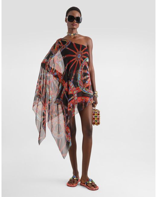 Dolce & Gabbana Red One-Shoulder Carretto-Print Chiffon Dress