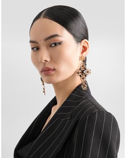 Dolce & Gabbana White Drop Earrings With Filigree Cross And Dg Logo