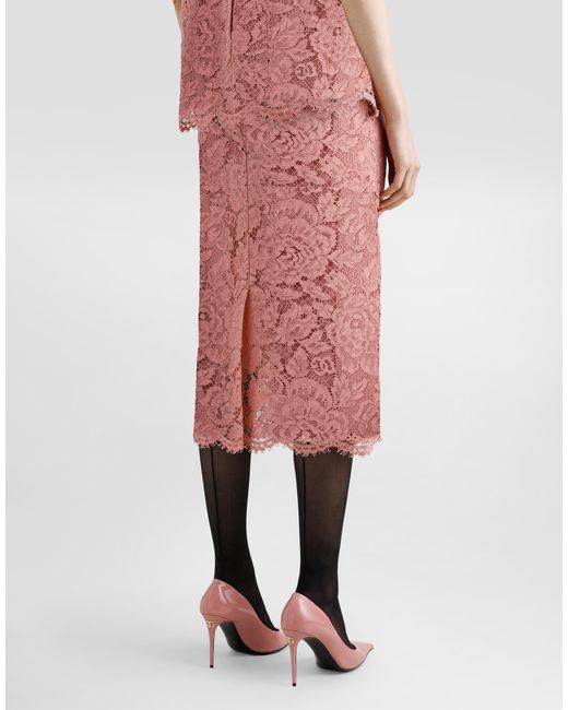 Dolce & Gabbana Pink Logoed Floral Cordonet Lace Pencil Skirt