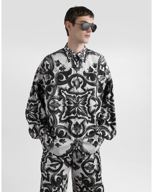 Dolce & Gabbana Oversize-Hemd Aus Gestreiftem Popeline Mit Majolika-Print in White für Herren