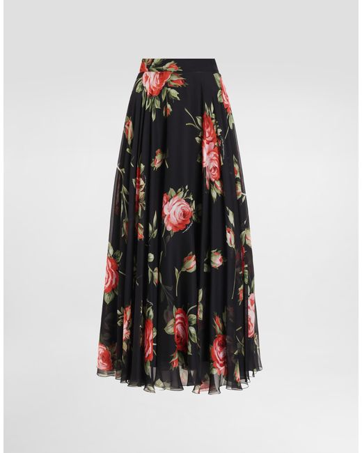 Dolce & Gabbana White Rose Bouquet-Print Chiffon Circle Skirt