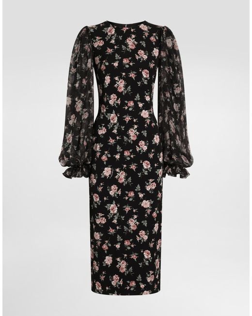 Dolce & Gabbana Black Kleid Aus Charmeuse Mit Vintage-Rosen-Print