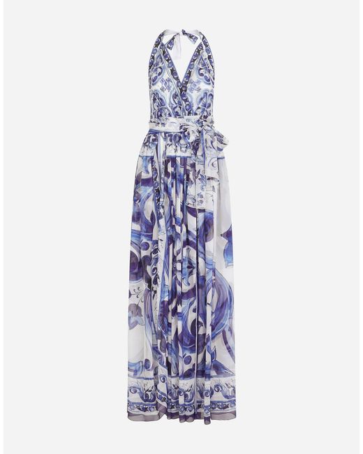 Dolce & Gabbana Blue Long Sleeveless Silk Chiffon Dress With Majolica Print