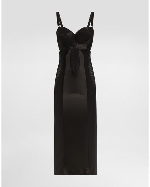 Dolce & Gabbana Black Calf-Length Satin And Lace Dress With Corset Details