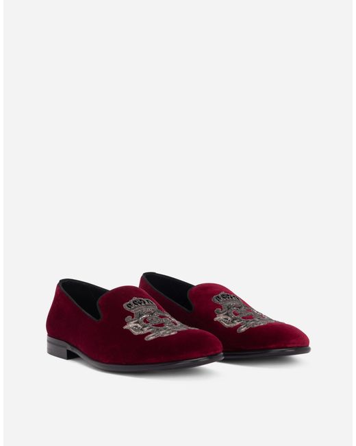 Dolce & Gabbana Red Velvet Slippers With Coat Of Arms Embroidery for men