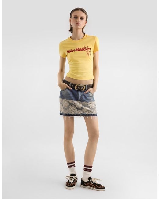 Dolce & Gabbana Blue Denim Skirt With Lace