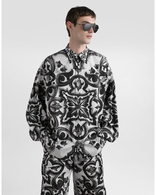Dolce & Gabbana White Majolica-Print Oversized Striped Popeline Shirt for men