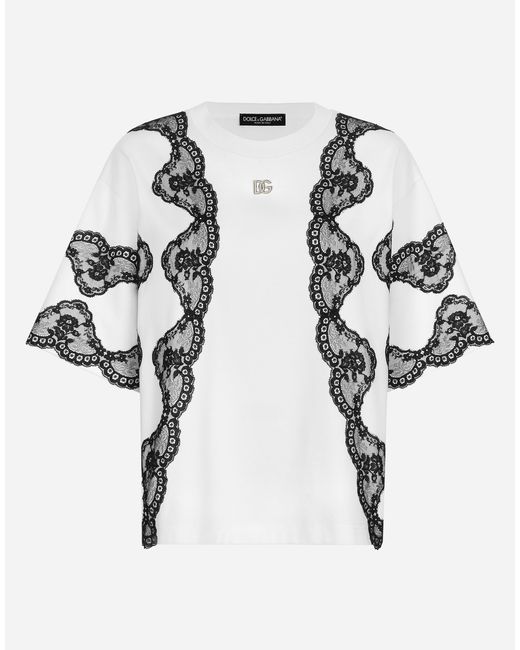 Dolce & Gabbana White T-Shirt Aus Jersey Mit Einsätzen Aus Spitze Und Dg-Logo