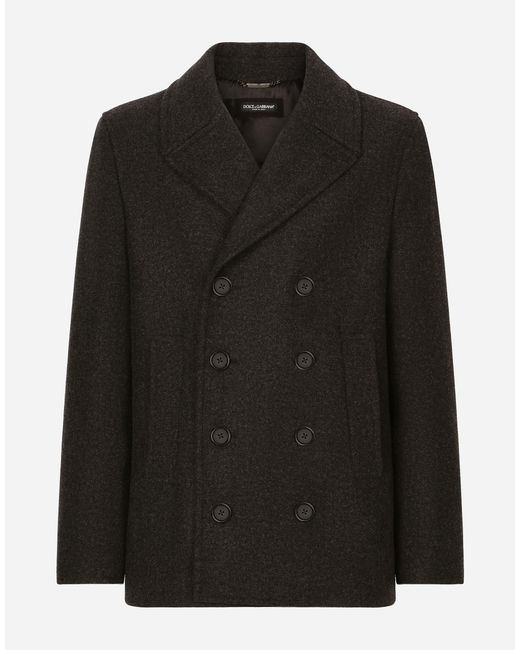 Dolce & Gabbana Black Double-Breasted Wool Pea Coat With Branded Tag for men