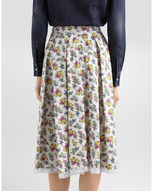 Dolce & Gabbana White Small Floral-Print Poplin Skirt