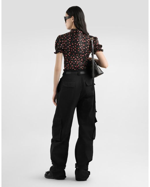 Dolce & Gabbana Black Small Rose-Print Charmeuse Top