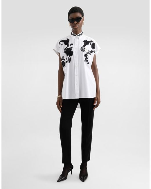 Dolce & Gabbana White Oversize Cotton Poplin Shirt With Lace Appliqués