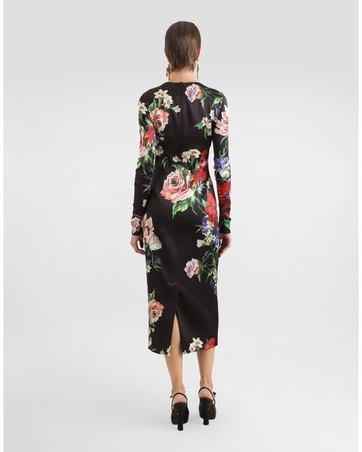 Dolce & Gabbana White Satin Calf-Length Round-Neck Dress With Floral
