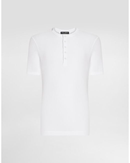 Dolce & Gabbana White Fine-Rib Cotton Granddad-Neck T-Shirt for men