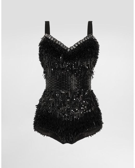 Dolce & Gabbana Black Bestickter Body Mit Pailletten Und Kleinen Perlen