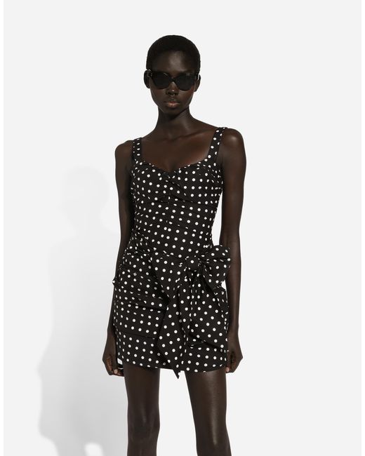 Dolce & Gabbana Black Minikleid Mit Schleife Aus Baumwolle Punkteprint