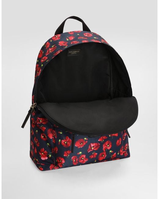 Dolce & Gabbana Red Poppy-Print Nylon Backpack