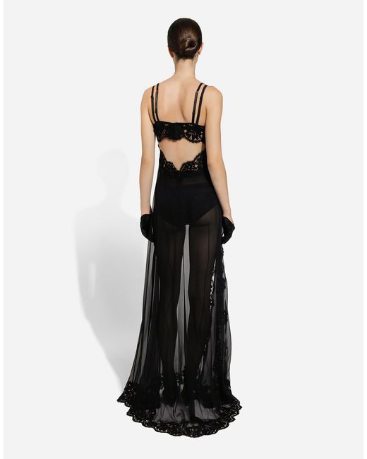 Dolce & Gabbana Black Long Silk Chiffon And Chantilly Lace Slip Dress