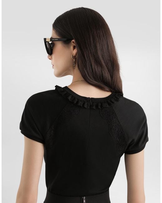 Dolce & Gabbana Black Jersey T-Shirt With Lace And Embroidery