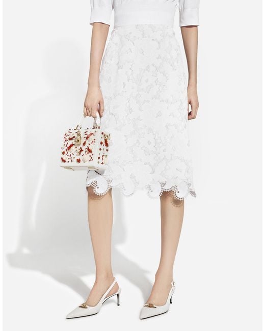 Dolce & Gabbana White Cotton Midi Skirt With Floral Openwork Detailing