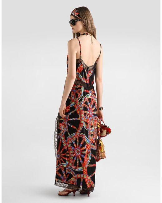 Dolce & Gabbana Red Carretto-Print Charmeuse Slip Dress