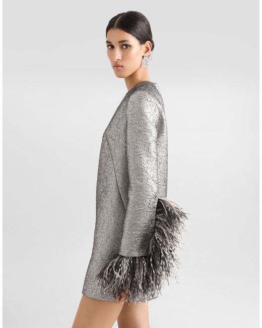 Dolce & Gabbana Gray Quilted Lamé Jacquard Sack Minidress With Feathered Cuffs