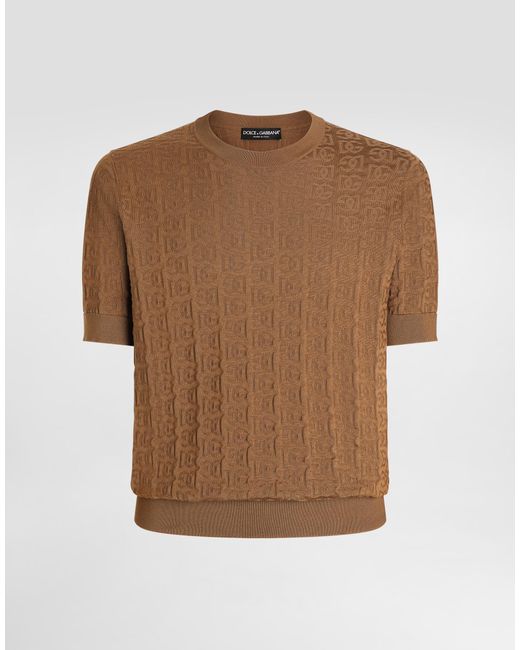 Dolce & Gabbana Rundhalspullover Aus Seide Mit Dg-Logostickerei Allover in Brown für Herren