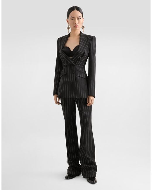 Dolce & Gabbana Black Straight-Leg Pinstripe Wool Pants With Turn-Ups