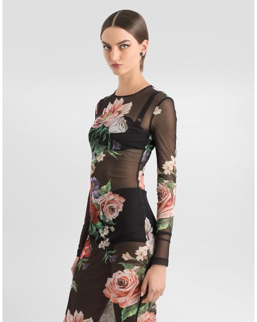 Dolce & Gabbana White Tulle Calf-Length Dress With Floral