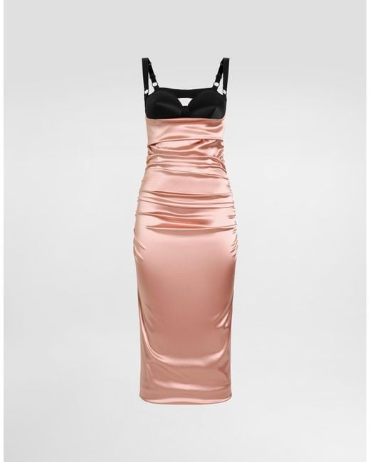 Dolce & Gabbana White Draped Satin Calf-Length Dress With Bra-Style Cups