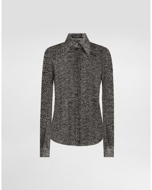Dolce & Gabbana Gray Silk Chiffon Shirt With Bouclé Print