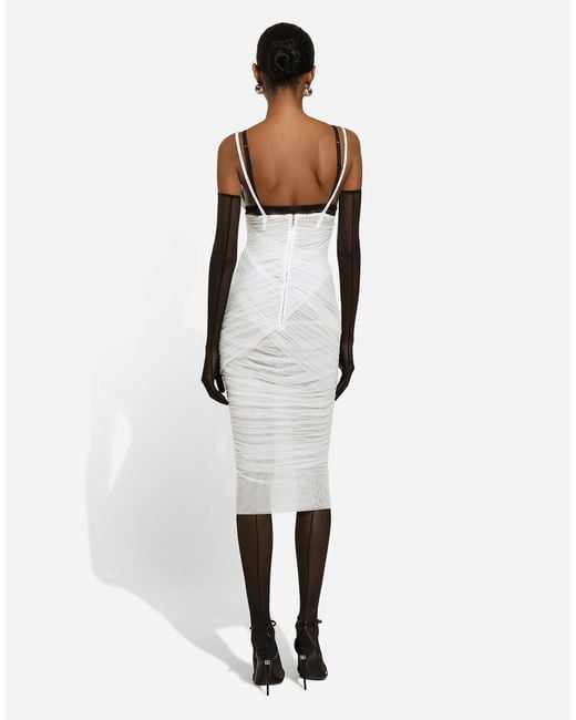 Dolce & Gabbana White Tulle Draped Calf-Length Dress