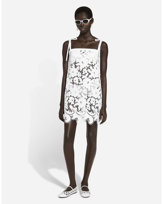 Dolce & Gabbana White Cotton Minidress With Floral Openwork Embroidery