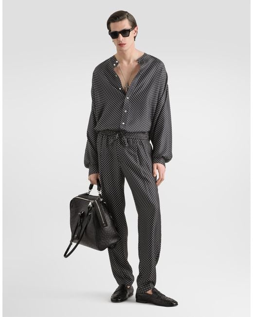 Dolce & Gabbana Gray Polka Dot-Print Silk Twill Trousers for men